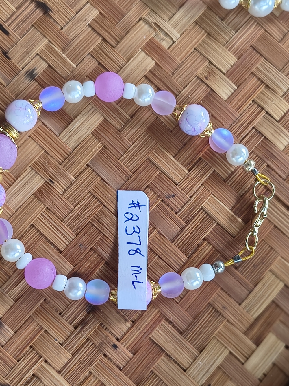 Handmade Pink & White Beaded Bracelet with Gold Accents